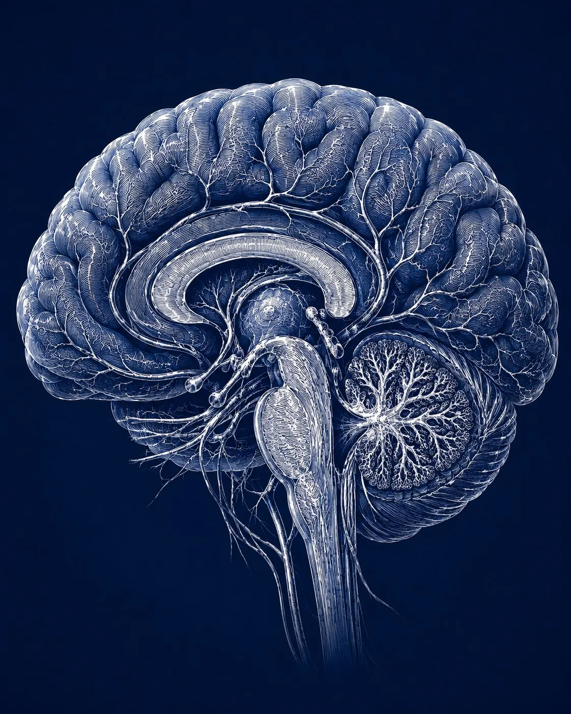 Medial cross-section of the human brain, anatomical engraving